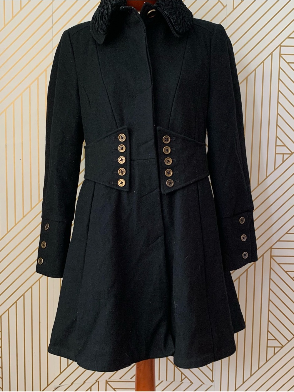 Betsey Johnson Y2K 2000's Black Wool Military Princess Coat Leopard Rose Lining - Picture 11 of 11
